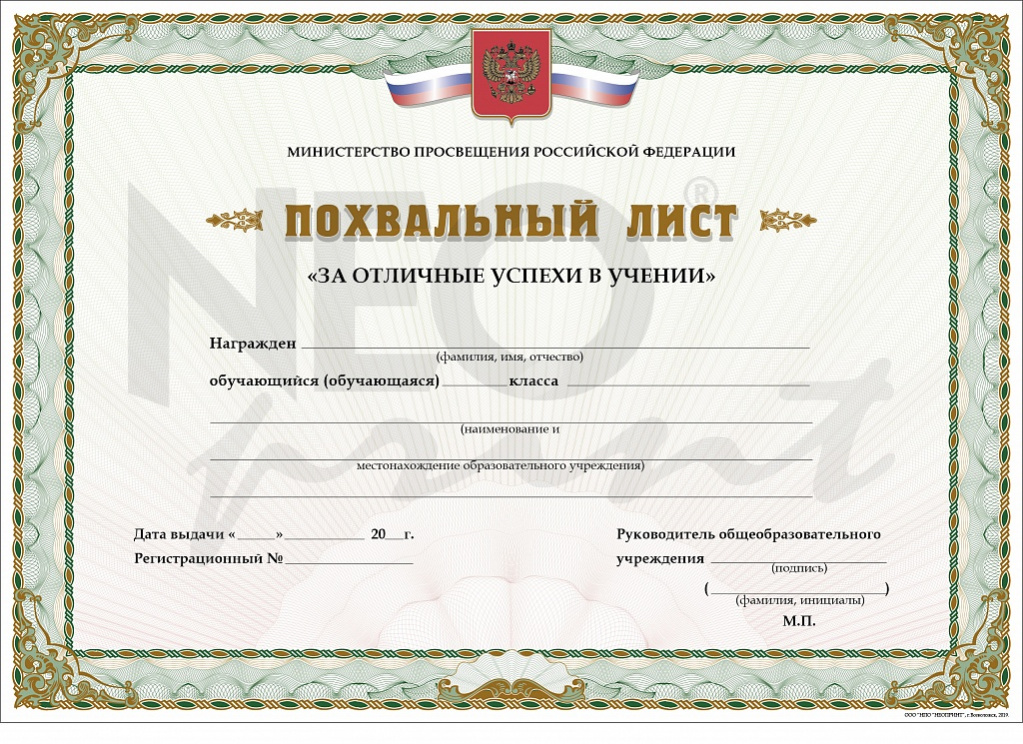 Бланк похвального листа «За отличные успехи в учении»
